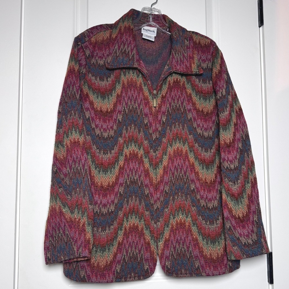 BonWorth Womens Large Chevron Zigzag Woven Tapestry Full Zip Jacket Multicolor L